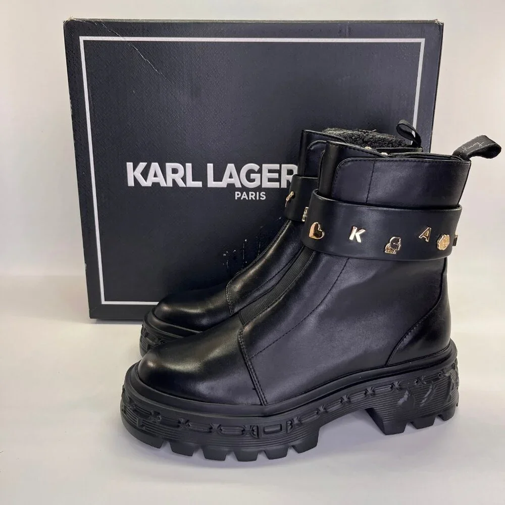 Karl Lagerfeld Latisha Boot Black Size 7.5 Womens Chunky Lug Sole Side Zip Style - Picture 1 of 16